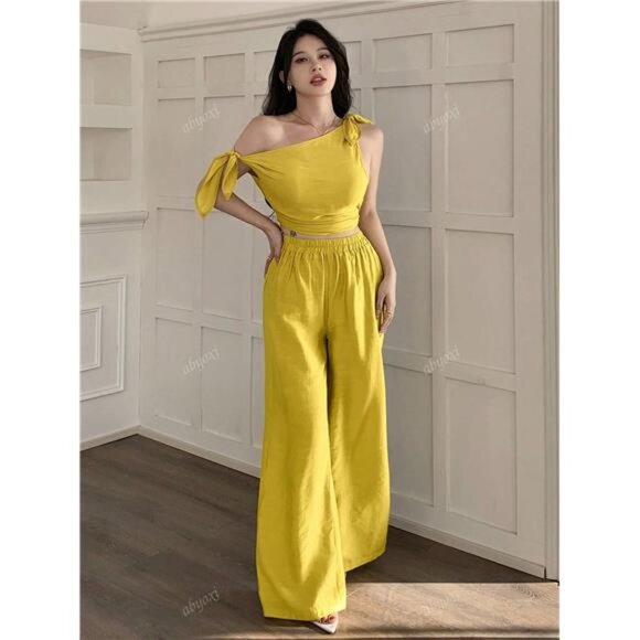 Sexy Asymmetric Neck Oblique Shoulder Tie Strap Tighten Waist Wide Leg Pants - Picture 6 of 8